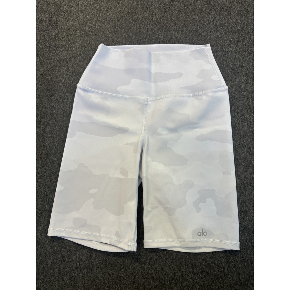 Alo Yoga High-Waist Vapor Biker Shorts White Gray Camo Print Medium Gym Athletic - Picture 2 of 15